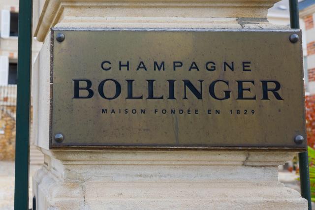 This photograph shows a “Champagne Bollinger” logo at the Bollinger Champagne House’s vineyard in Ay, northeastern France, on August 18, 2026. (Photo by Jean-Christophe VERHAEGEN / AFP)