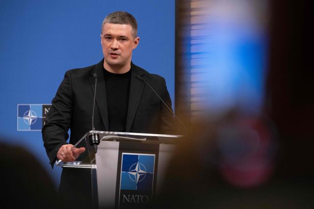 (FILES) Ukraine's Defence Minister Mykhailo Fedorov speaks during a press conference after a meeting of the Ukraine Defence Contact Group during a NATO Defence Ministers meeting at the NATO headquarters, in Brussels, on June 18, 2026. Ukraine's popular ex-defence minister Mykhailo Fedorov, sacked last month, on August 18, 2026 called for a move towards elections that have been put off because of the Russian invasion. (Photo by JOHN THYS / AFP)