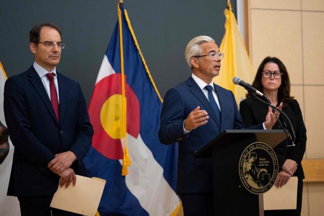 California Attorney General Rob Bonta (C) speaks alongside Colorado Attorney General Phil Weiser (L) and New Jersey Attorney General Jennifer Davenport during a press conference after opening arguments took place in the Meta trial over a lawsuit brought by US states about social media addiction at the Ronald V. Dellums Federal Building and United States Courthouse in Oakland, California, on August 18, 2026. A coalition of US states is seeking around $200 billion in damages against Meta, which they accuse of intentionally designing Facebook and Instagram to be addictive for children. Meta previously had claimed in court documents that the financial penalties could reach $1.4 trillion, close to its entire market value which hovers around $1.5 trillion. (Photo by Godofredo A. VÁSQUEZ / AFP)