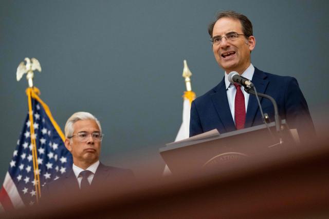 Colorado Attorney General Phil Weiser (R) speaks alongside California Attorney General Rob Bonta during a press conference after opening arguments took place in the Meta trial over a lawsuit brought by US states about social media addiction at the Ronald V. Dellums Federal Building and United States Courthouse in Oakland, California, on August 18, 2026. A coalition of US states is seeking around $200 billion in damages against Meta, which they accuse of intentionally designing Facebook and Instagram to be addictive for children. Meta previously had claimed in court documents that the financial penalties could reach $1.4 trillion, close to its entire market value which hovers around $1.5 trillion. (Photo by Godofredo A. VÁSQUEZ / AFP)