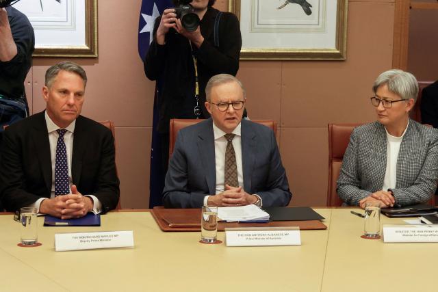 Australia's Prime Minister Anthony Albanese (C), Defence Minister Richard Marles (L) and Foreign Minister Penny Wong (R) meet with Thailand's Prime Minister Anutin Charnvirakul and his delegation at Parliament House in Canberra on August 19, 2026. Thailand's prime minister is on a three-day official visit to Australia. (Photo by Hilary Wardhaugh / POOL / AFP)