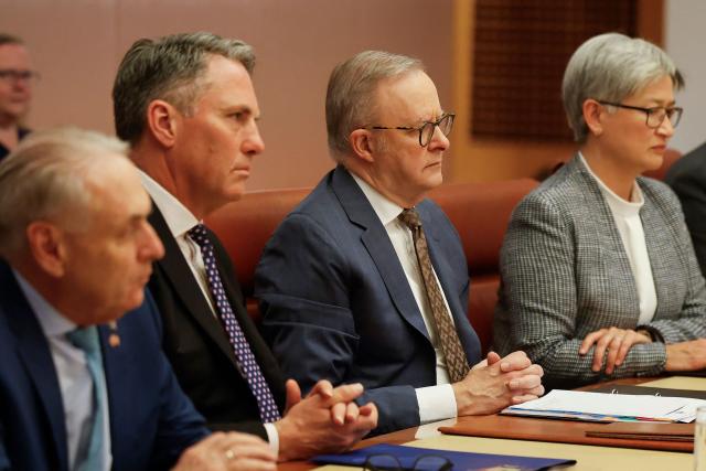 Australia's Prime Minister Anthony Albanese (C), Defence Minister Richard Marles (2nd L) and Foreign Minister Penny Wong (R) meet with Thailand's Prime Minister Anutin Charnvirakul and his delegation at Parliament House in Canberra on August 19, 2026. Thailand's prime minister is on a three-day official visit to Australia. (Photo by Hilary Wardhaugh / POOL / AFP)