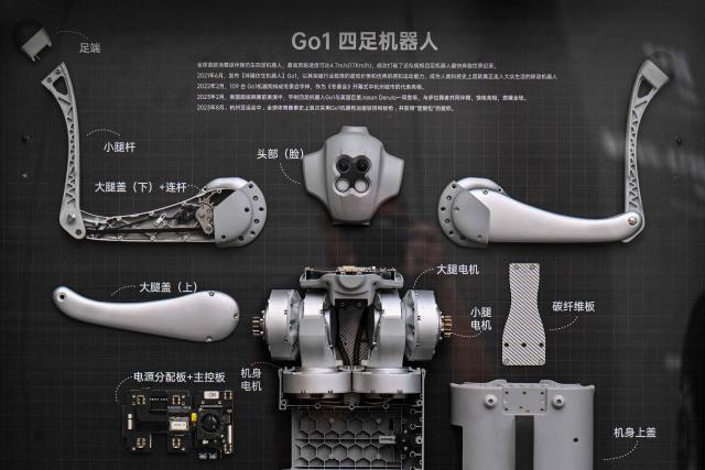 A remote-controlled robot by Unitree Robotics is displayed at the Unitree Robotics Embodied Intelligence Experience Center in the Jing'an district in Shanghai on August 19, 2026. Shares in Chinese robotics pioneer Unitree soared more than 600 percent on its debut in Shanghai on August 19, after raising more than $900 million in its initial public offering. (Photo by Hector RETAMAL / AFP)