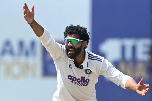 India's Ravindra Jadeja appeals for leg before wicket (LBW) against Sri Lanka's Sonal Dinusha during the fifth day of the first Test cricket match between Sri Lanka and India at the Galle International Stadium in Galle on August 19, 2026. (Photo by Ishara S. KODIKARA / AFP)
