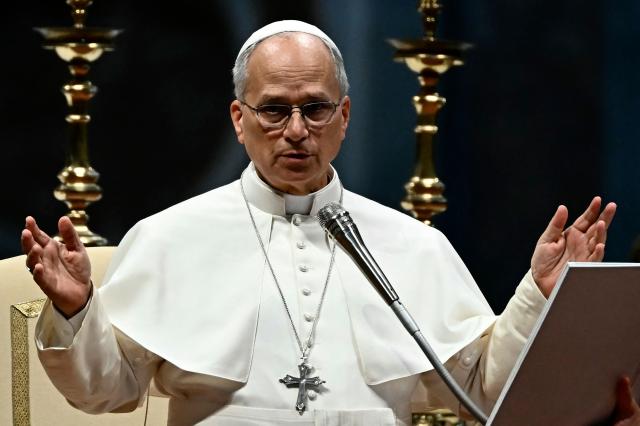 Pope Leo XIV addresses the crowd during the weekly general audience at St Peter's basilica in The Vatican on August 19, 2026. (Photo by Filippo MONTEFORTE / AFP)