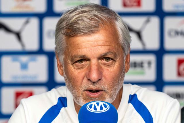 Marseille's French headcoach Bruno Genesio speaks during a press conference on the eve of the first French L1 football match between Olympique de Marseille (OM) and RC Strasbourg Alsace, at the Robert Louis-Dreyfus Training Centre in northern Marseille on August 19, 2026. (Photo by Miguel MEDINA / AFP)