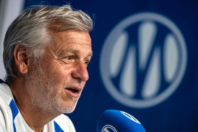 Marseille's French headcoach Bruno Genesio speaks during a press conference on the eve of the first French L1 football match between Olympique de Marseille (OM) and RC Strasbourg Alsace, at the Robert Louis-Dreyfus Training Centre in northern Marseille on August 19, 2026. (Photo by Miguel MEDINA / AFP)