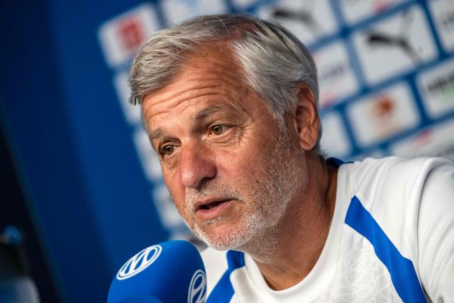 Marseille's French headcoach Bruno Genesio speaks during a press conference on the eve of the first French L1 football match between Olympique de Marseille (OM) and RC Strasbourg Alsace, at the Robert Louis-Dreyfus Training Centre in northern Marseille on August 19, 2026. (Photo by Miguel MEDINA / AFP)