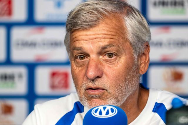 Marseille's French headcoach Bruno Genesio speaks during a press conference on the eve of the first French L1 football match between Olympique de Marseille (OM) and RC Strasbourg Alsace, at the Robert Louis-Dreyfus Training Centre in northern Marseille on August 19, 2026. (Photo by Miguel MEDINA / AFP)