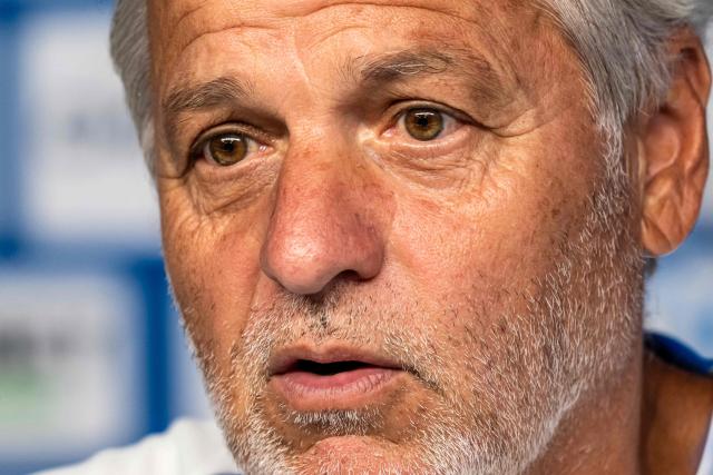 Marseille's French headcoach Bruno Genesio speaks during a press conference on the eve of the first French L1 football match between Olympique de Marseille (OM) and RC Strasbourg Alsace, at the Robert Louis-Dreyfus Training Centre in northern Marseille on August 19, 2026. (Photo by Miguel MEDINA / AFP)