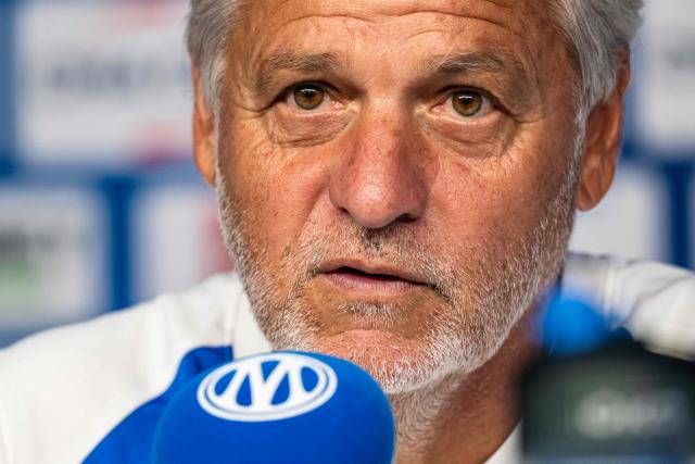 Marseille's French headcoach Bruno Genesio speaks during a press conference on the eve of the first French L1 football match between Olympique de Marseille (OM) and RC Strasbourg Alsace, at the Robert Louis-Dreyfus Training Centre in northern Marseille on August 19, 2026. (Photo by Miguel MEDINA / AFP)