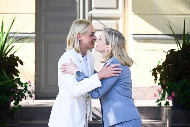 Finnish Foreign Minister Elina Valtonen (L) welcomes Austria's Foreign Minister Beate Meinl-Reisinger as they meet in Helsinki, Finland, on August 19, 2026. (Photo by Markku Ulander / Lehtikuva / AFP) / Finland OUT