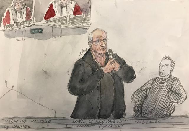 (FILES) This court sketch created on March 4, 2025, shows retired French surgeon Joel Le Scouarnec (C) speaking during his trial on charges of assaulting or raping 299 patients, at the Criminal Court in Vannes. The public prosecutor's office of Lorient, western France, announced on August 19, 2026, the opening of a judicial investigation into 40 sexual assaults and 10 rapes allegedly committed by Joel Le Scouarnec, a former surgeon convicted in May 2025 of nearly 300 rapes and sexual assaults. (Photo by Benoit PEYRUCQ / AFP)