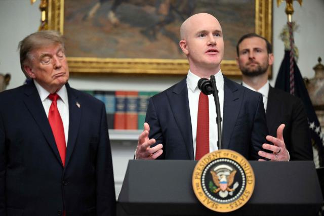 Brian Armstrong, CEO of the cryptocurrency platform Coinbase, speaks next to US President Donald Trump during a meeting with cryptocurrency executives in the Roosevelt Room of the White House in Washington, DC, on August 19, 2026. (Photo by Jim WATSON / AFP)