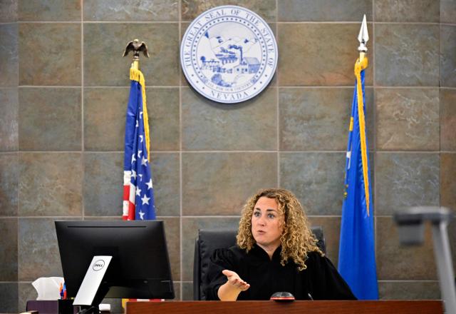 District Court Judge Carli Kierny speaks during the Duane Davis murder trial, related to the 1996 killing of rapper Tupac Shakur, at Clark County District Court at the Regional Justice Center in Las Vegas, Nevada, on August 19, 2026. The trial of the former gang leader accused of orchestrating the murder of rapper Tupac Shakur began on August 10, 30 years after one of America's most high-profile unresolved killings. The proceedings, expected to last a month, will likely not make clear who fired the shots that killed the California hip-hop legend on the night of September 7, 1996, while he was in Las Vegas to see a Mike Tyson boxing match. (Photo by David Becker / POOL / AFP)