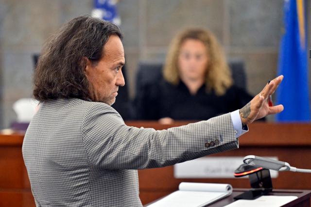 Duane Davis' defense attorney Michael Sanft speaks during the Davis murder trial, related to the 1996 killing of rapper Tupac Shakur, at Clark County District Court at the Regional Justice Center in Las Vegas, Nevada, on August 19, 2026. The trial of the former gang leader accused of orchestrating the murder of rapper Tupac Shakur began on August 10, 30 years after one of America's most high-profile unresolved killings. The proceedings, expected to last a month, will likely not make clear who fired the shots that killed the California hip-hop legend on the night of September 7, 1996, while he was in Las Vegas to see a Mike Tyson boxing match. (Photo by David Becker / POOL / AFP)