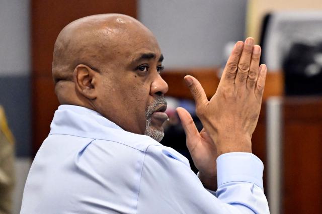Duane Davis looks on during his murder trial, related to the 1996 killing of rapper Tupac Shakur, at Clark County District Court at the Regional Justice Center in Las Vegas, Nevada, on August 19, 2026. The trial of the former gang leader accused of orchestrating the murder of rapper Tupac Shakur began on August 10, 30 years after one of America's most high-profile unresolved killings. The proceedings, expected to last a month, will likely not make clear who fired the shots that killed the California hip-hop legend on the night of September 7, 1996, while he was in Las Vegas to see a Mike Tyson boxing match. (Photo by David Becker / POOL / AFP)