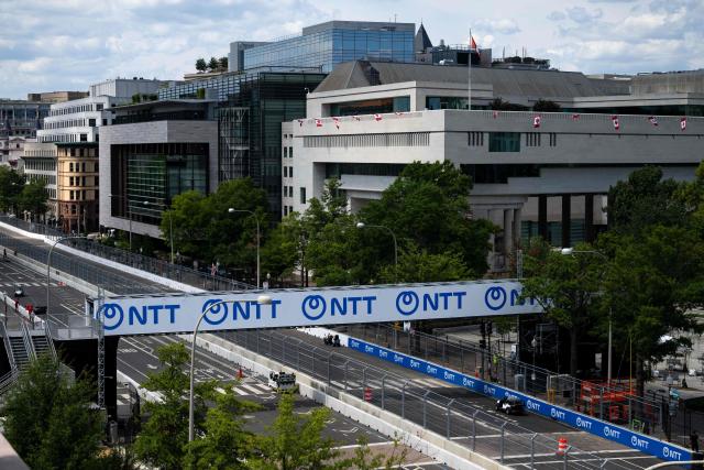 General view of the race track along Pennsylvania Avenue in Washington, DC, on August 19, 2026, ahead of the Freedom 250 Grand Prix. The Freedom 250 Grand Prix will take place on a temporary 1.7-mile, seven-turn street circuit around the National Mall, with practice and qualifying on Saturday before the main NTT IndyCar Series race on Sunday, August 23. (Photo by Kent Nishimura / AFP)