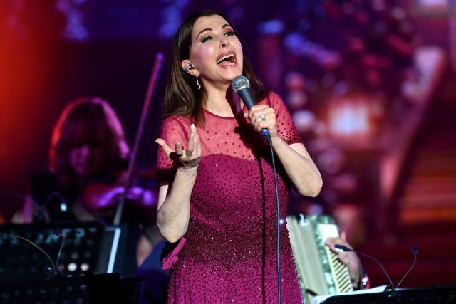 Lebanese singer Majida El Roumi performs during the closing ceremony of the 60th session of the International Festival of Carthage (FIC) at the Carthage Roman Theatre on the outskirts of Tunis on August 19, 2026. (Photo by FETHI BELAID / AFP)