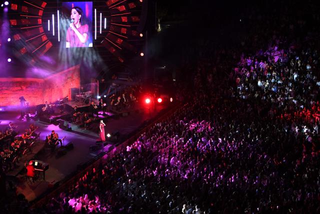 Lebanese singer Majida El Roumi performs during the closing ceremony of the 60th session of the International Festival of Carthage (FIC) at the Carthage Roman Theatre on the outskirts of Tunis on August 19, 2026. (Photo by FETHI BELAID / AFP)