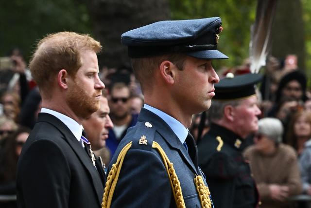(FILES) Britain's Prince William, Prince of Wales (R) and Britain's Prince Harry, Duke of Sussex  follow the coffin of Queen Elizabeth II, as it travels on the State Gun Carriage of the Royal Navy, from Westminster Abbey to Wellington Arch in London on September 19, 2022, after the State Funeral Service of Britain's Queen Elizabeth II. Prince Harry and his wife Meghan, who cut ties with the British royal family in 2020, are moving back to the United Kingdom, British press reported on August 19, 2026. In a surprise move, the youngest son of King Charles III and Meghan, "plan to leave the United States by the end of the month to settle in a private, non-royal residence, which is said to be located outside London," The Telegraph said. (Photo by Paul ELLIS / POOL / AFP)