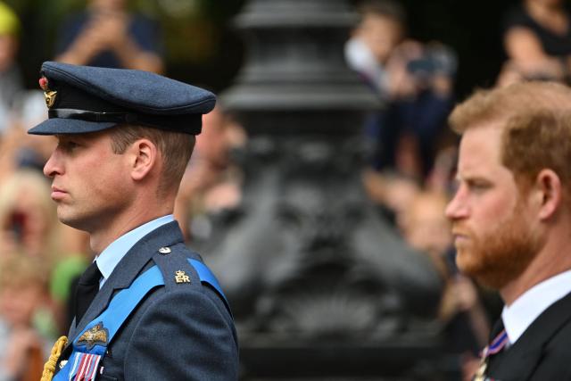 (FILES) Britain's Prince William, Prince of Wales (L) and Britain's Prince Harry, Duke of Sussex take part in the procession following the coffin of Queen Elizabeth II, draped in the Royal Standard, on the State Gun Carriage of the Royal Navy, from Westminster Abbey to Wellington Arch in London on September 19, 2022, after the State Funeral Service of Britain's Queen Elizabeth II. Prince Harry and his wife Meghan, who cut ties with the British royal family in 2020, are moving back to the United Kingdom, British press reported on August 19, 2026. In a surprise move, the youngest son of King Charles III and Meghan, "plan to leave the United States by the end of the month to settle in a private, non-royal residence, which is said to be located outside London," The Telegraph said. (Photo by SEBASTIEN BOZON / AFP)