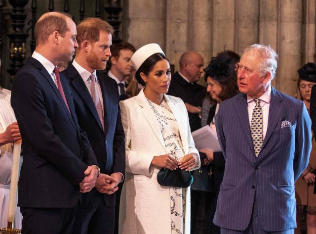 (FILES) Britain's Meghan, Duchess of Sussex (2R) talks with Britain's Prince Charles, Prince of Wales (R) as Britain's Prince William, Duke of Cambridge, (L) talks with Britain's Prince Harry, Duke of Sussex, (2L) as they all attend the Commonwealth Day service at Westminster Abbey in London on March 11, 2019. Prince Harry and his wife Meghan, who cut ties with the British royal family in 2020, are moving back to the United Kingdom, British press reported on August 19, 2026. In a surprise move, the youngest son of King Charles III and Meghan, "plan to leave the United States by the end of the month to settle in a private, non-royal residence, which is said to be located outside London," The Telegraph said. (Photo by Richard Pohle / POOL / AFP)