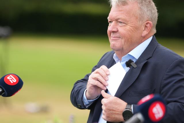 Denmark's Foreign Minister and leader of the Moderates Lars Lokke Rasmussen during a press conference at his party's summer group meeting at Aggersvold Manor in Jyderup, Denmark, on August 20, 2026. (Photo by Liselotte Sabroe / Ritzau Scanpix / AFP) / Denmark OUT