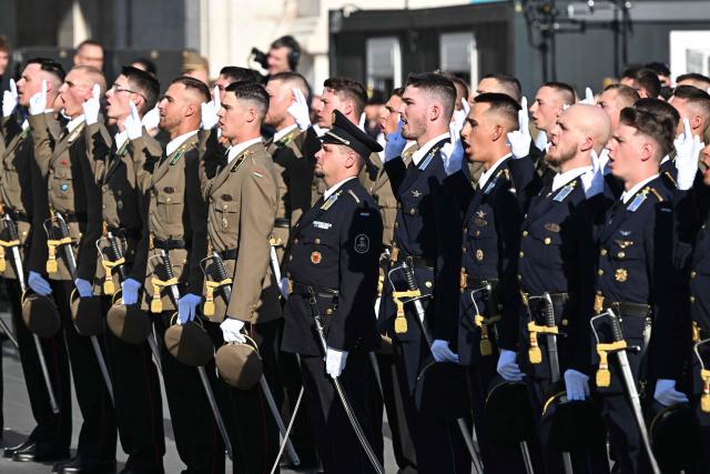 Hungarian army's newly-recruited officers swear an oath during a ceremony marking the country's national day attended by guests and ambassadors accredited to Hungary on August 20, 2026, in Budapest. Hungary marks the 1,026th anniversary of the foundation of the Hungarian state, established by the first king of Hungary, Stephen I.  Hungarian President Andras Baka, who took office yesterday, makes his first public appearance since then. (Photo by Attila KISBENEDEK / AFP)