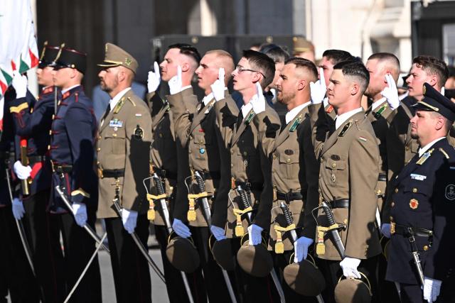 Hungarian army's newly-recruited officers swear an oath during a ceremony marking the country's national day attended by guests and ambassadors accredited to Hungary on August 20, 2026, in Budapest. Hungary marks the 1,026th anniversary of the foundation of the Hungarian state, established by the first king of Hungary, Stephen I.  Hungarian President Andras Baka, who took office yesterday, makes his first public appearance since then. (Photo by Attila KISBENEDEK / AFP)