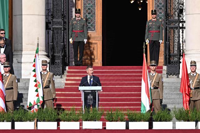 Hungary's Prime Minister Peter Magyar speaks during a ceremony marking the country's national day attended by guests and ambassadors accredited to Hungary on August 20, 2026, in Budapest. Hungary marks the 1,026th anniversary of the foundation of the Hungarian state, established by the first king of Hungary, Stephen I.  Hungarian President Andras Baka, who took office yesterday, makes his first public appearance since then. (Photo by Attila KISBENEDEK / AFP)