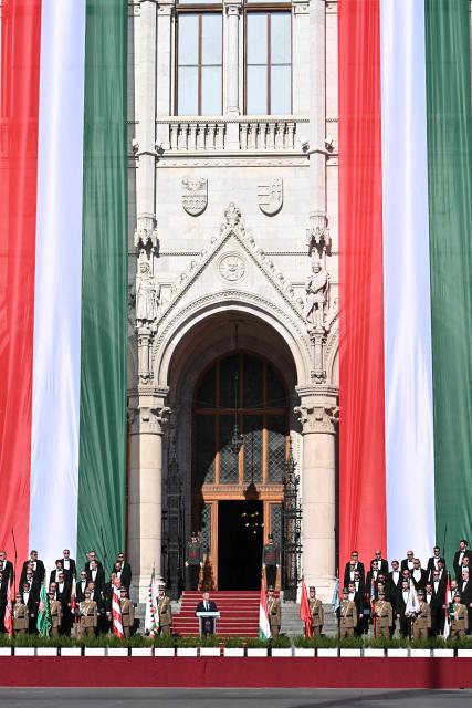 Hungary's Prime Minister Peter Magyar speaks during a ceremony marking the country's national day attended by guests and ambassadors accredited to Hungary on August 20, 2026, in Budapest. Hungary marks the 1,026th anniversary of the foundation of the Hungarian state, established by the first king of Hungary, Stephen I.  Hungarian President Andras Baka, who took office yesterday, makes his first public appearance since then. (Photo by Attila KISBENEDEK / AFP)