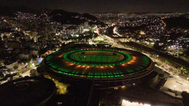 (FILES) Aerial view of the Maracana stadium in Rio de Janeiro, Brazil, taken on May 7, 2025. The Maracana will further cement its place in history as a footballing mecca: the Rio de Janeiro stadium will host the opening match and the final of the 2027 Women’s World Cup, the first to be held in South America, FIFA announced on August 20, 2026. (Photo by Pablo PORCIUNCULA / AFP)