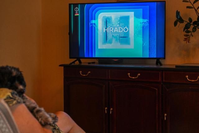 A woman sits with a dog on an armchair to watch on the TV the new news service of the relaunched state-run TV channel 1 on August 20, 2026, in Budapest, Hungary, after the news service resumed following a 44-day forced break. (Photo by Attila KISBENEDEK / AFP)