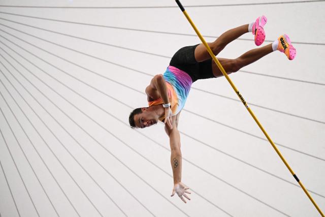 US's KC Lightfoot competes in the men's Pole Vault during the World Athletics Diamond League athletics meeting at the Stade Olympique de la Pontaise in Lausanne, on August 20, 2026. (Photo by Fabrice COFFRINI / AFP)