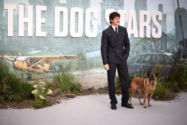 US actor Jacob Elordi poses with a dog who plays Jasper in the film upon arrival on the red carpet for the world premiere of the film 'The Dog Stars', in central London on August 20, 2026. (Photo by Henry Nicholls / AFP)