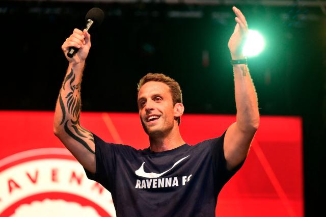 Ignazio Cipriani, president of the Ravenna FC stands on stage before the presentation of newly recruited Brazilian football player Ronaldinho in Marina di Ravenna on August 20, 2026. Former Ballon d'Or and World Cup winner Ronaldinho is set to come out of retirement aged 46 to play for Ravenna in the Italian third tier. (Photo by Stefano RELLANDINI / AFP)