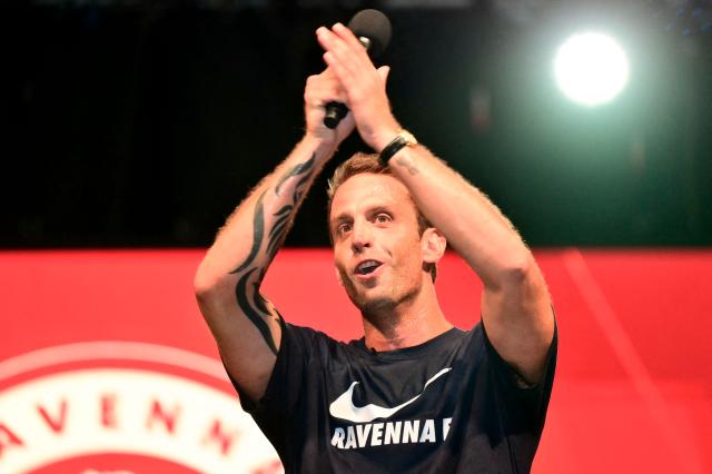 Ignazio Cipriani, president of the Ravenna FC stands on stage before the presentation of newly recruited Brazilian football player Ronaldinho in Marina di Ravenna on August 20, 2026. Former Ballon d'Or and World Cup winner Ronaldinho is set to come out of retirement aged 46 to play for Ravenna in the Italian third tier. (Photo by Stefano RELLANDINI / AFP)