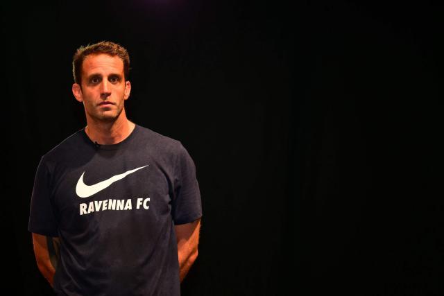 Ignazio Cipriani, president of the Ravenna FC stands on stage before the presentation of newly recruited Brazilian football player Ronaldinho in Marina di Ravenna on August 20, 2026. Former Ballon d'Or and World Cup winner Ronaldinho is set to come out of retirement aged 46 to play for Ravenna in the Italian third tier. (Photo by Stefano RELLANDINI / AFP)