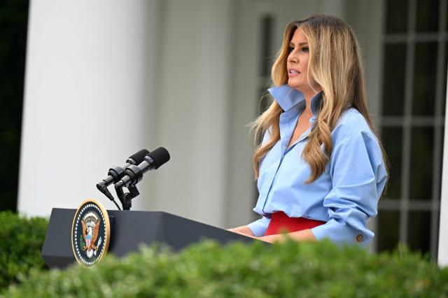 US First Lady Melania Trump speaks at an event with IndyCar and FOX Sports to expand academic opportunities for individuals transitioning from foster care, in the Rose Garden of the White House, in Washington, DC, on August 20, 2026. (Photo by Jim WATSON / AFP)