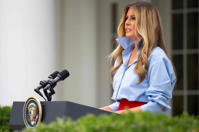 US First Lady Melania Trump speaks at an event with IndyCar and FOX Sports to expand academic opportunities for individuals transitioning from foster care, in the Rose Garden of the White House, in Washington, DC, on August 20, 2026. (Photo by Jim WATSON / AFP)
