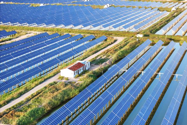 Solar panels are seen at the Jingneng Helan 30-megawatt photovoltaic power station in Yinchuan, in northwestern China's Ningxia Hui Autonomous Region on August 20, 2026. (Photo by CN-STR / AFP) / China OUT