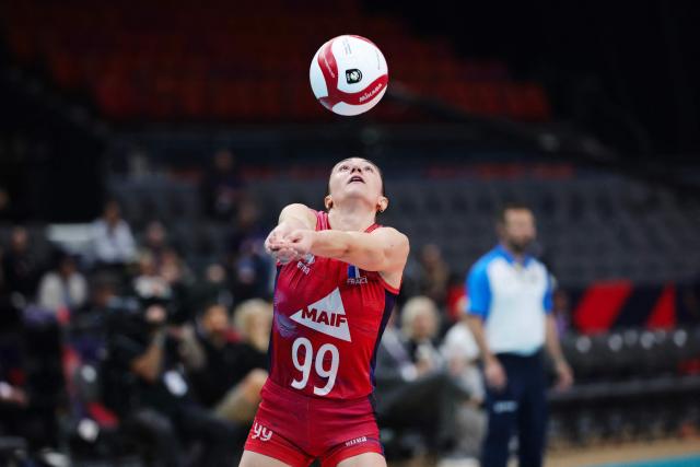 France's Juliette Gelin plays the ball during the women's EuroVolley 2026 European Championship pool D volleyball match between France and Slovakia at the Scandinavium arena in Gothenburg, Sweden, on August 21, 2026. (Photo by Adam Ihse/TT / TT NEWS AGENCY / AFP) / Sweden OUT