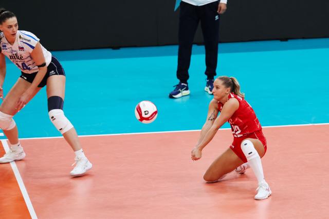 Slovakia's Ema Magdinova plays the ball during the women's EuroVolley 2026 European Championship pool D volleyball match between France and Slovakia at the Scandinavium arena in Gothenburg, Sweden, on August 21, 2026. (Photo by Adam Ihse/TT / TT NEWS AGENCY / AFP) / Sweden OUT