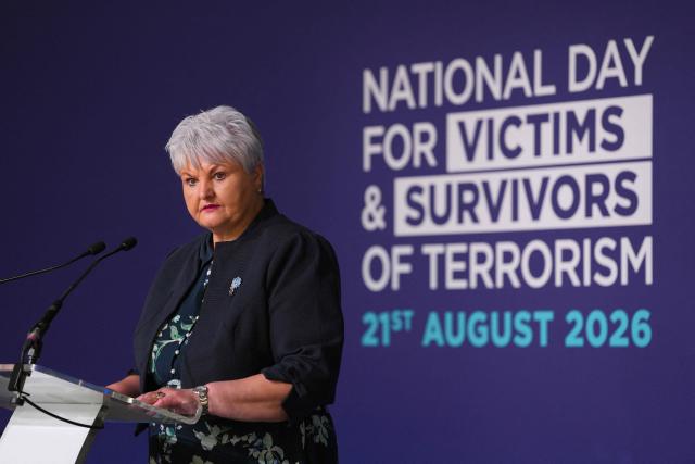 Cheryl Stollery speaks at an event in central London to mark the first National Day for Victims and Survivors of Terrorism on August 21, 2026. (Photo by Carl Court / POOL / AFP)
