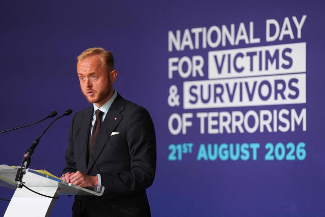 Counter-extremism campaigner Travis Frain speaks at an event in central London to mark the first National Day for Victims and Survivors of Terrorism on August 21, 2026. (Photo by Carl Court / POOL / AFP)