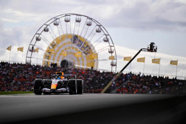 Racing Bulls' British driver Arvid Lindblad drives during the sprint qualifying session of the Formula One Dutch Grand Prix at The Circuit Zandvoort, western Netherlands, on August 21, 2026. (Photo by JOHN THYS / AFP)