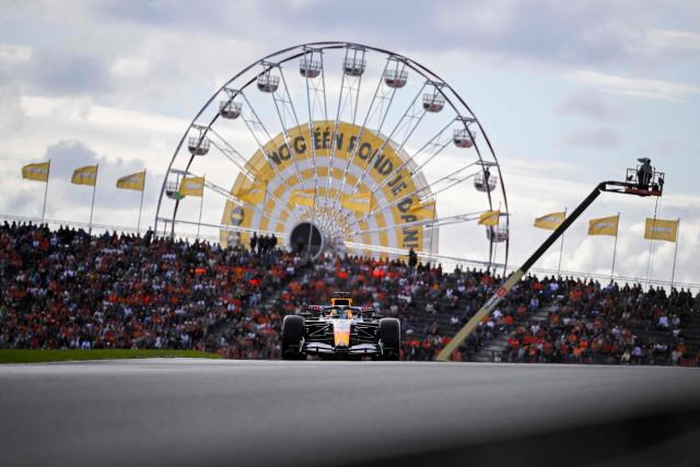 Racing Bulls' British driver Arvid Lindblad drives during the sprint qualifying session of the Formula One Dutch Grand Prix at The Circuit Zandvoort, western Netherlands, on August 21, 2026. (Photo by JOHN THYS / AFP)