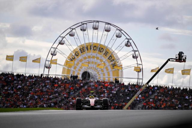 Ferrari's British driver Lewis Hamilton drives during the sprint qualifying session of the Formula One Dutch Grand Prix at The Circuit Zandvoort, western Netherlands, on August 21, 2026. (Photo by JOHN THYS / AFP)