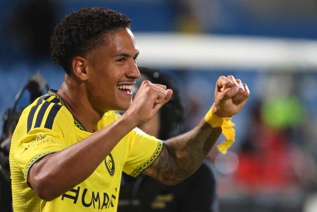Nassr's Brazilian Forward #20 Angelo Gabriel celebrates after scoring his team's second goal during the Saudi Pro League football match between Al-Nassr and Al-Riyadh at the Prince Turki bin Abdul Aziz Stadium in Riyadh on August 21, 2026. (Photo by Fayez NURELDINE / AFP)